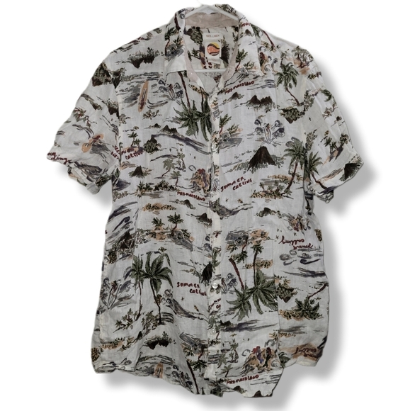 C&C California Tropical Print Linen Alternative Casual Summer Button-Up Shirt - Picture 1 of 9